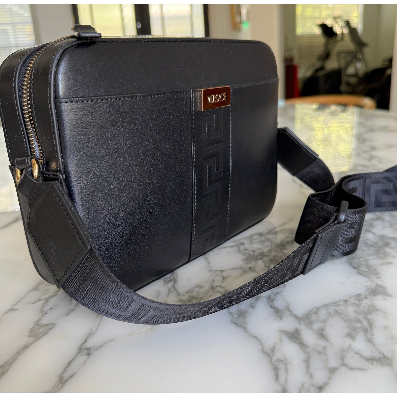 Versace Embossed Greca Black Box Leather Shoulder Bag Crossbody 1010737 Italy