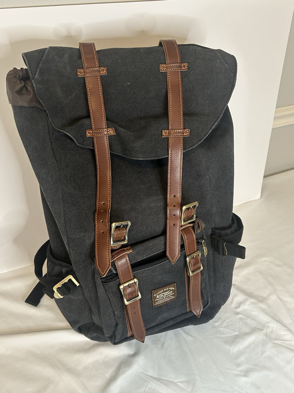 Kaukko Vintage Canvas Backpack Black Brown Strap Laptop Travel School Bag
