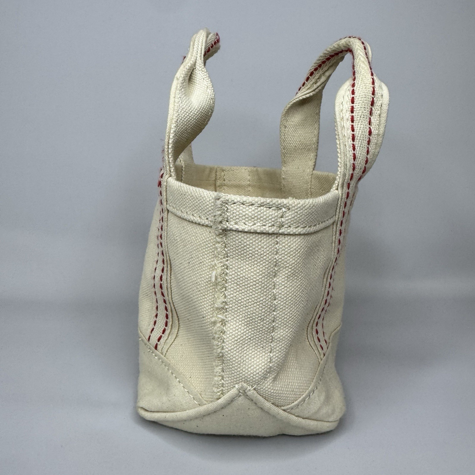Vintage Micro Mini LL Bean Boat Tote Bag White Red Stitch Double Handle 5-1/2″