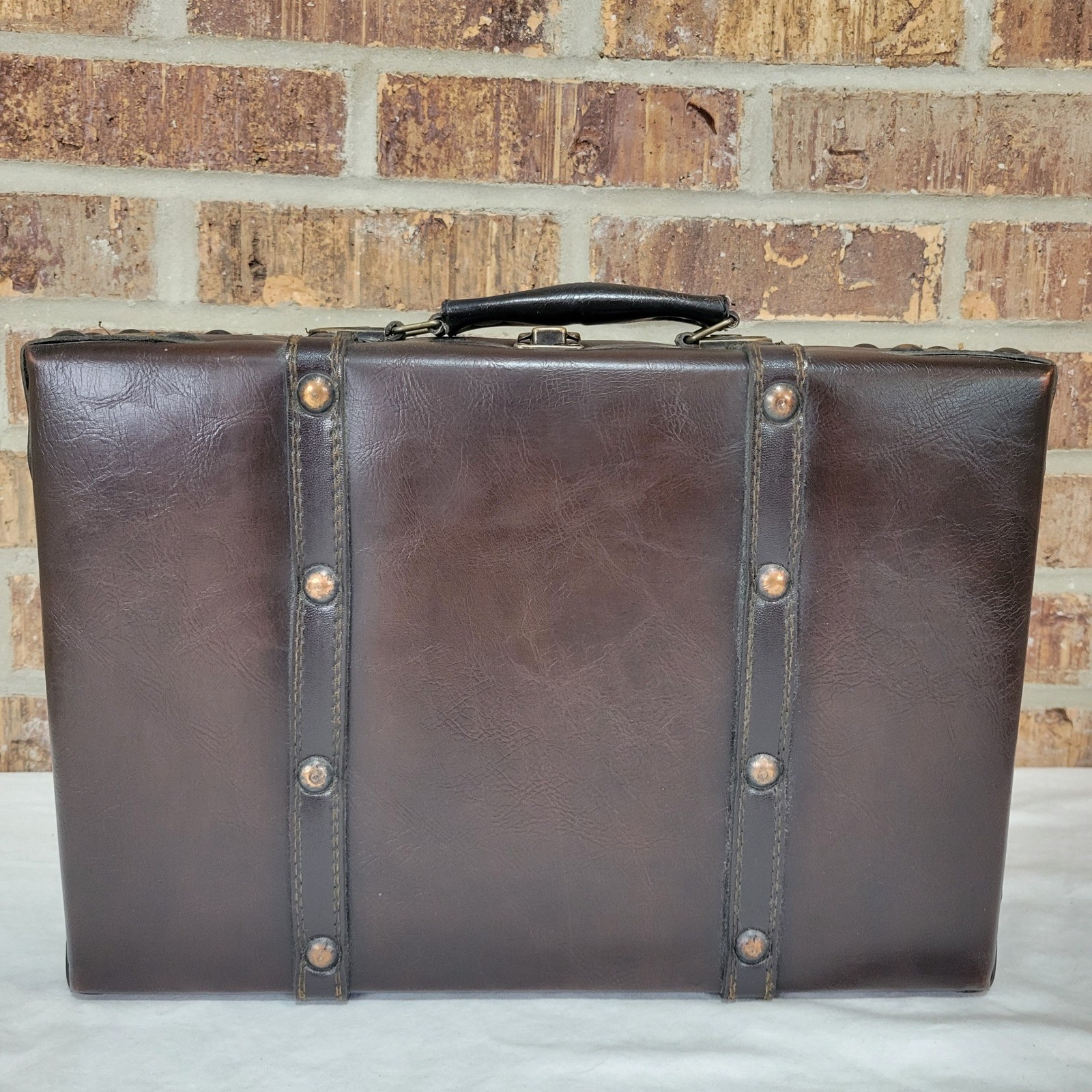 Vintage Dark Brown Faux Leather Studded Briefcase Suitcase Steampunk Trunk