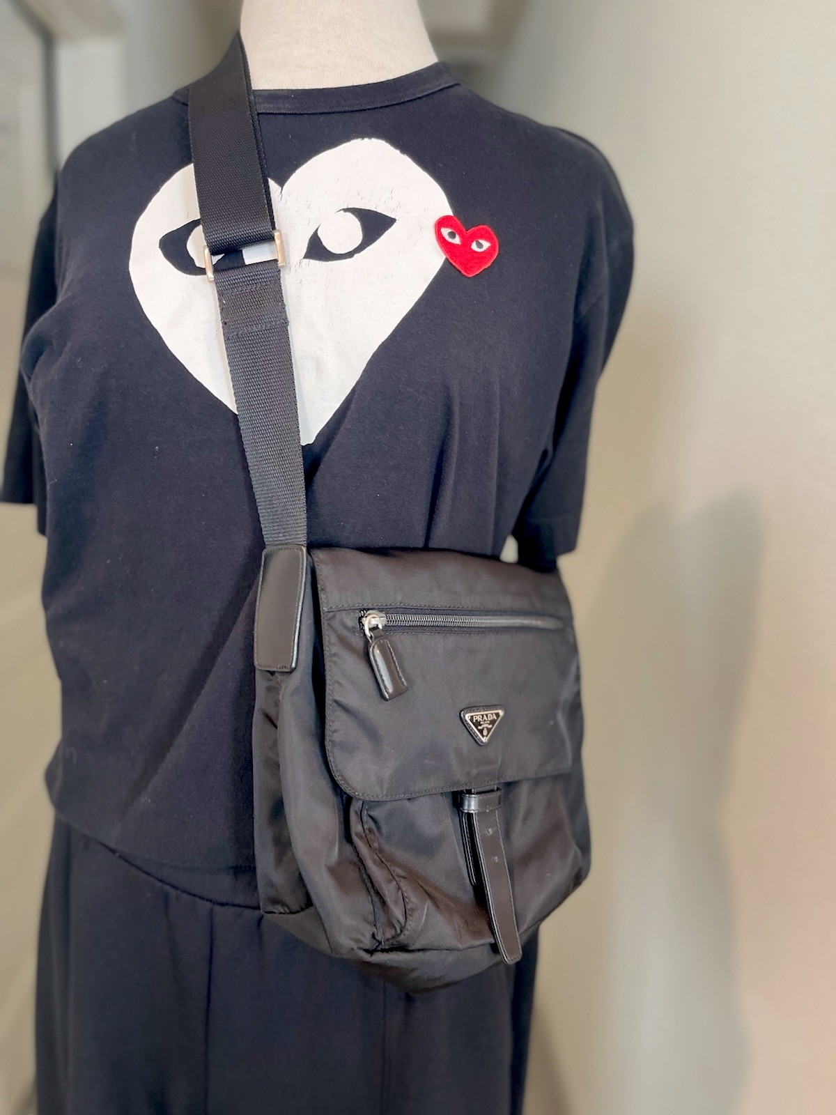 PRADA Black Messenger Crossbody Bag, Zip/Buckle Closure, Adjustable Strap