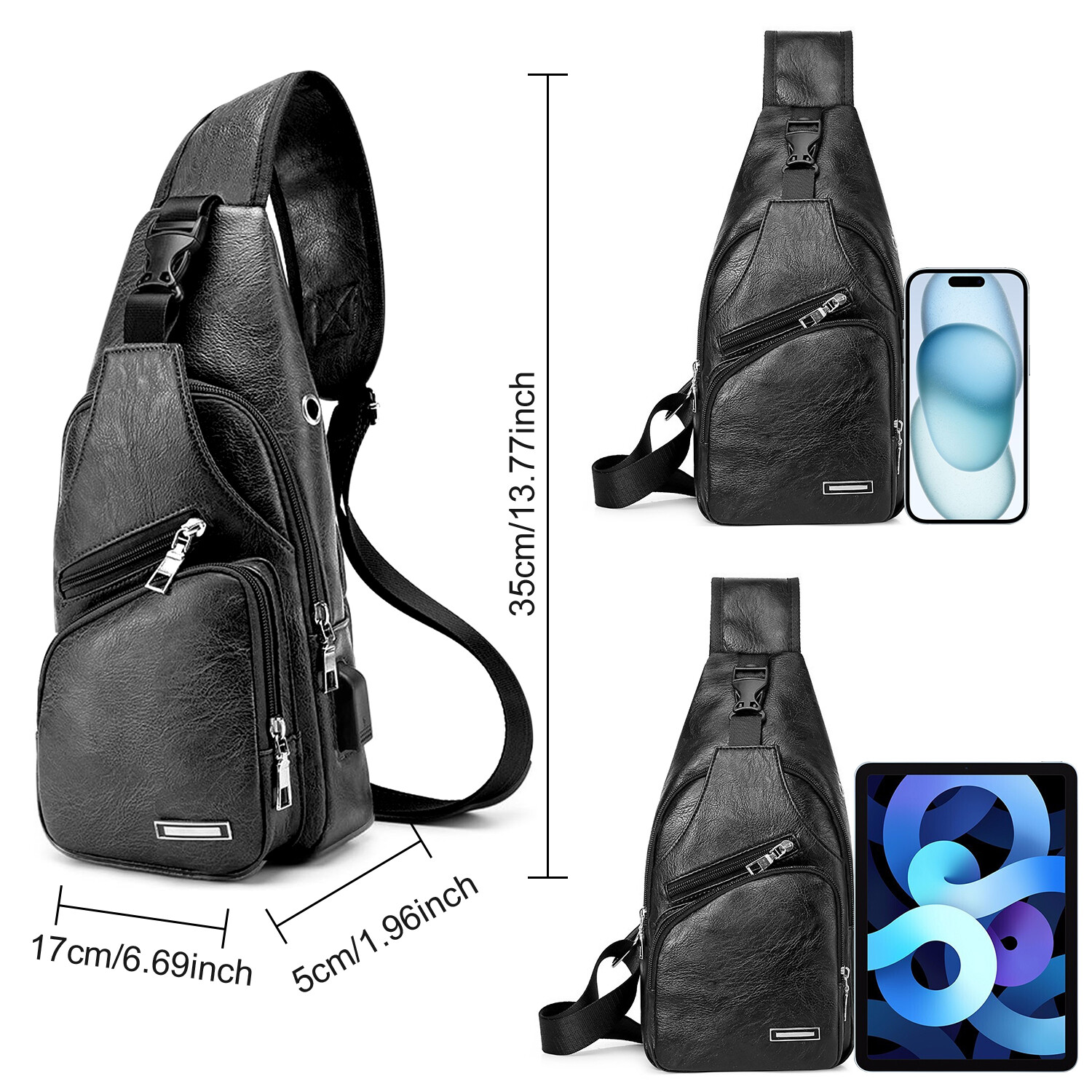 Men’s Leather Chest Bag Crossbody Bag Fashion with USB Port Sports Casual Bag