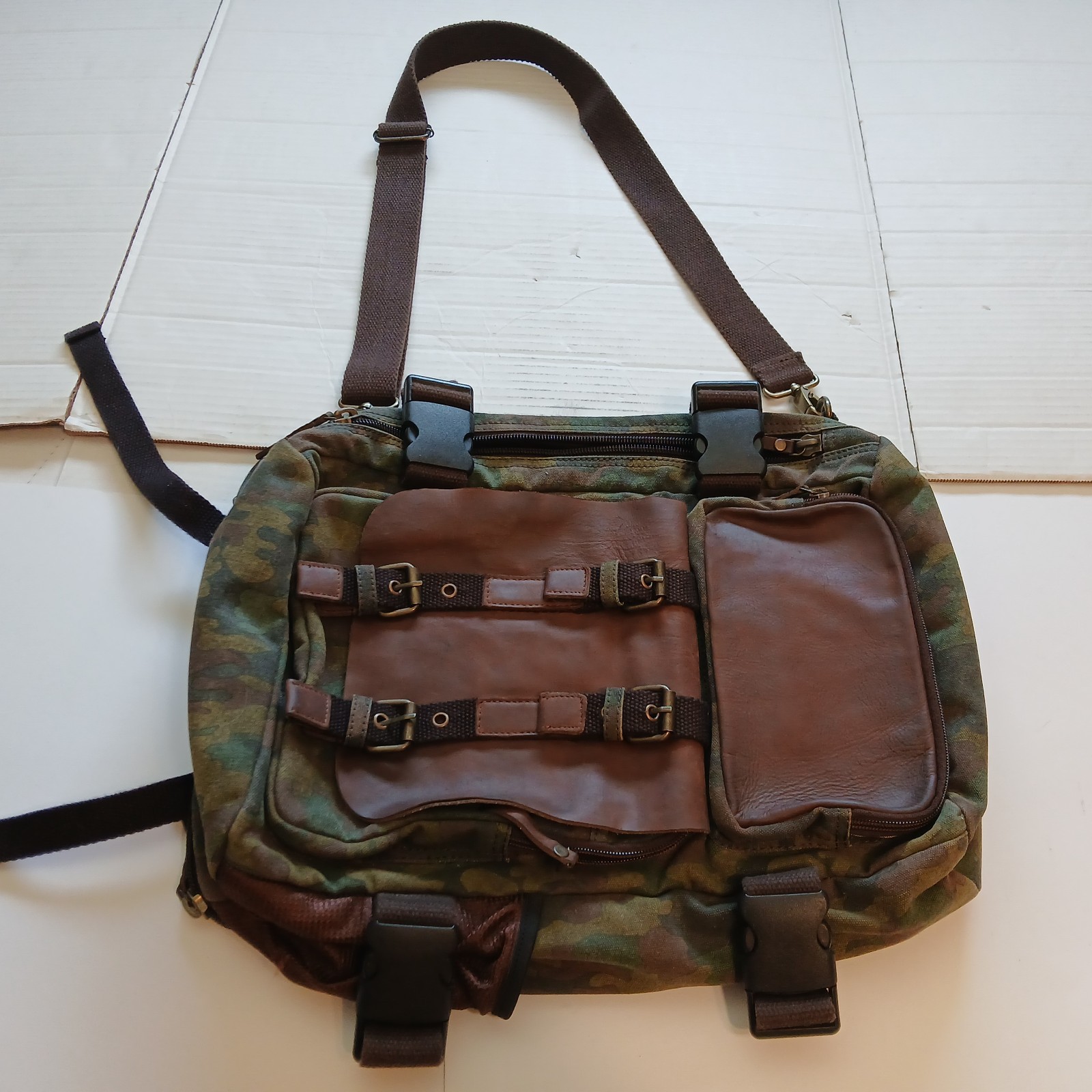 Leather Camo Messenger Bag Green/Brown, Buckle Zip, Strap Backpack Combo