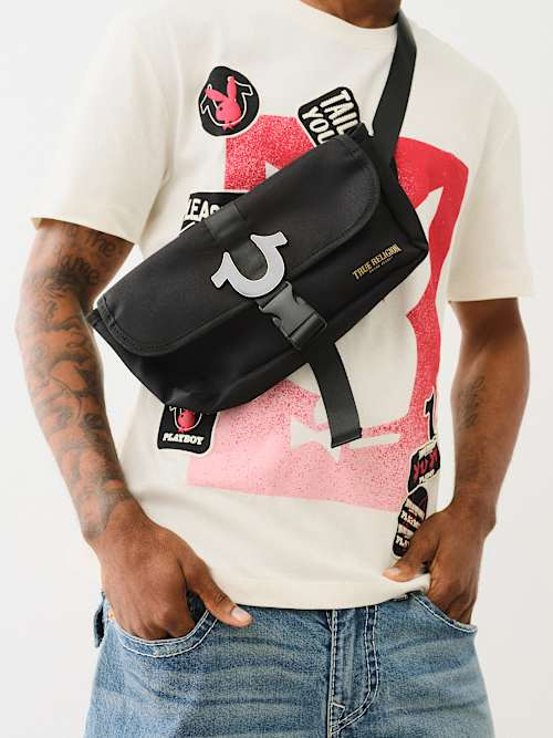 True Religion Horseshoe Flap Sling Bag Unisex Black & Gold
