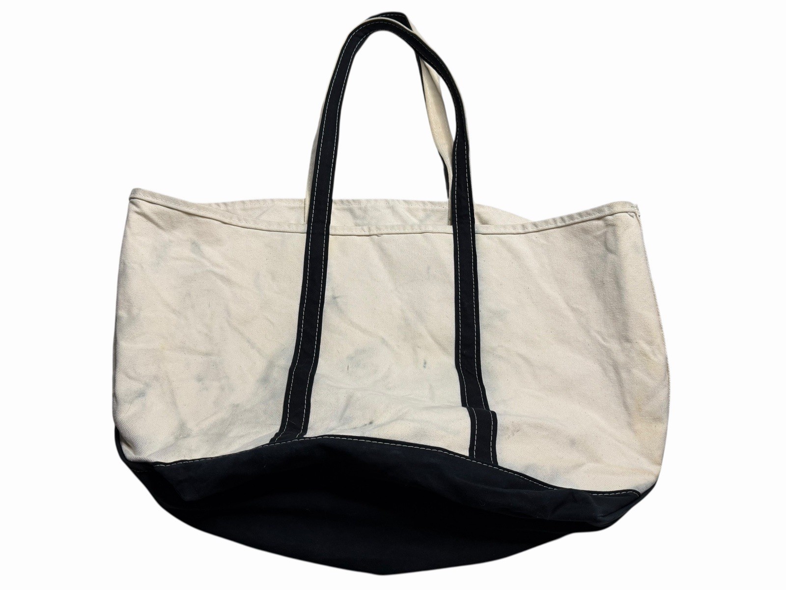 LL Bean Boat And Tote Large Bag 25” Ivory Canvas Black Trim Open Top Made In USA
