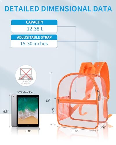 Clear Backpack Stadium Approved 12×12×6 with Reinforced and Wider Orange