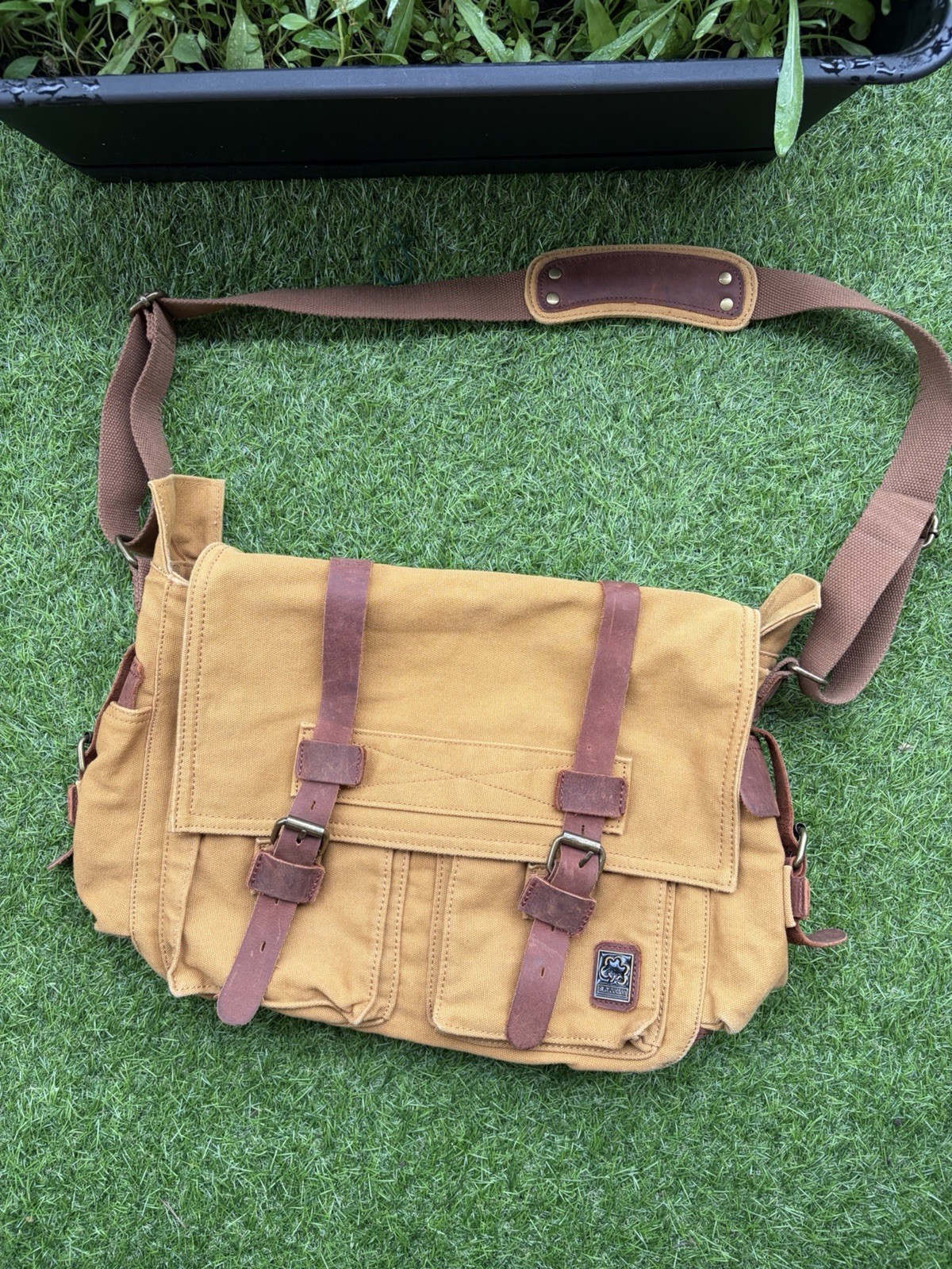 S.C. Cotton Canvas Messenger Bag Tan Khaki Leather Strap Satchel Vintage Style