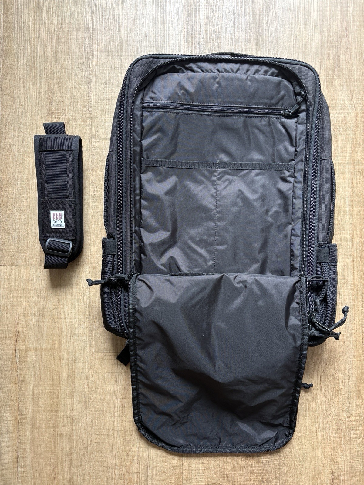 Topo Designs Global Travel Bag 30L Backpack, Black/Black W/ AirTag Holder