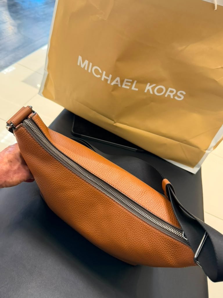 Michael Kors Cooper Pebbled Leather Soft Crescent Crossbody Bag Luggage Men MK