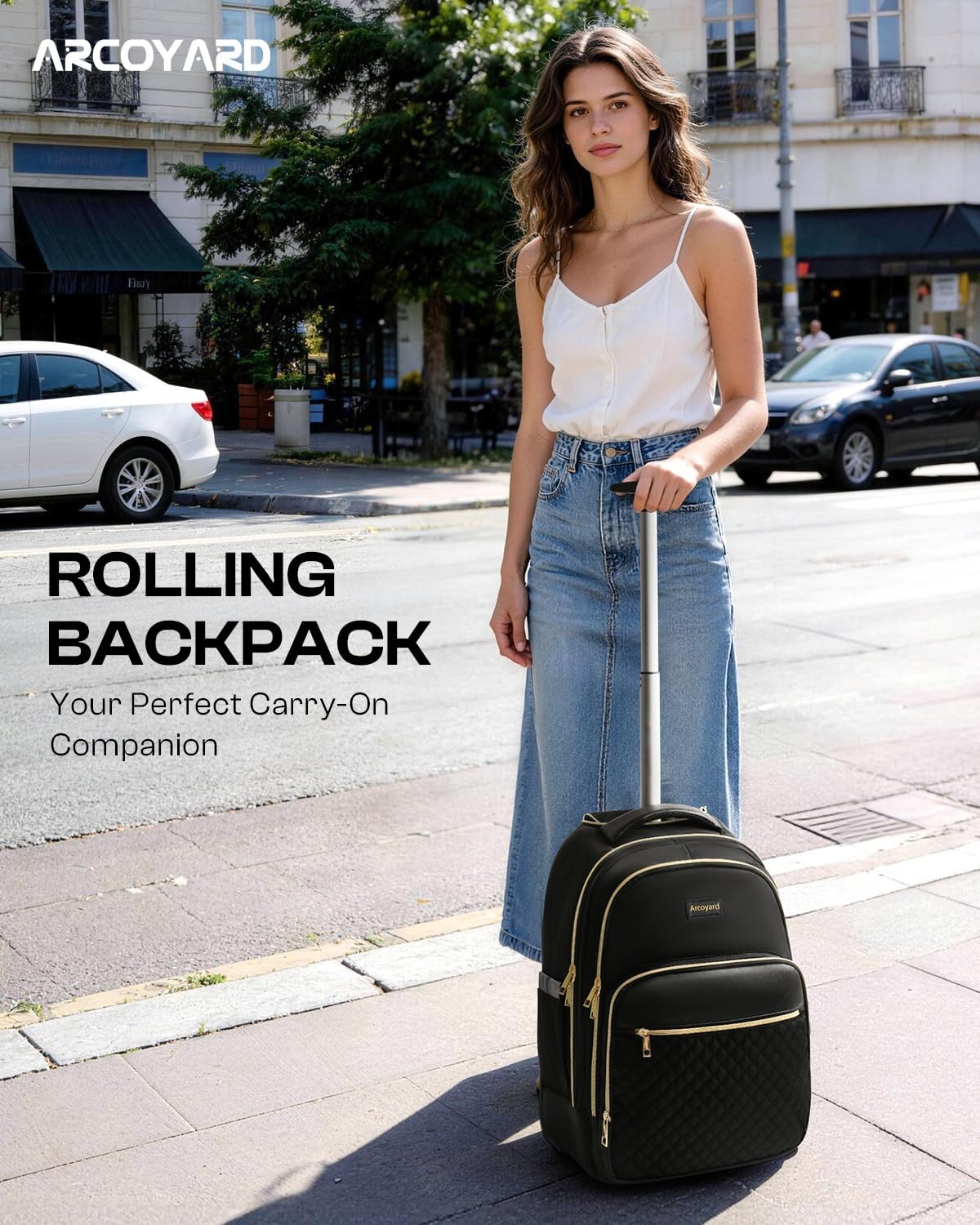 Arcoyard 17 inch Rolling Laptop Backpack for Women, Black