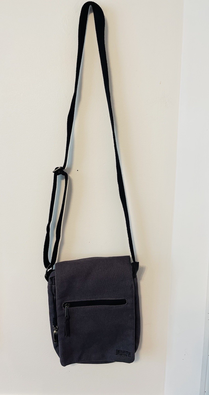 VTG Duluth Trading Co Gray Canvas Crossbody Bag Travel Utility Multi Pocket