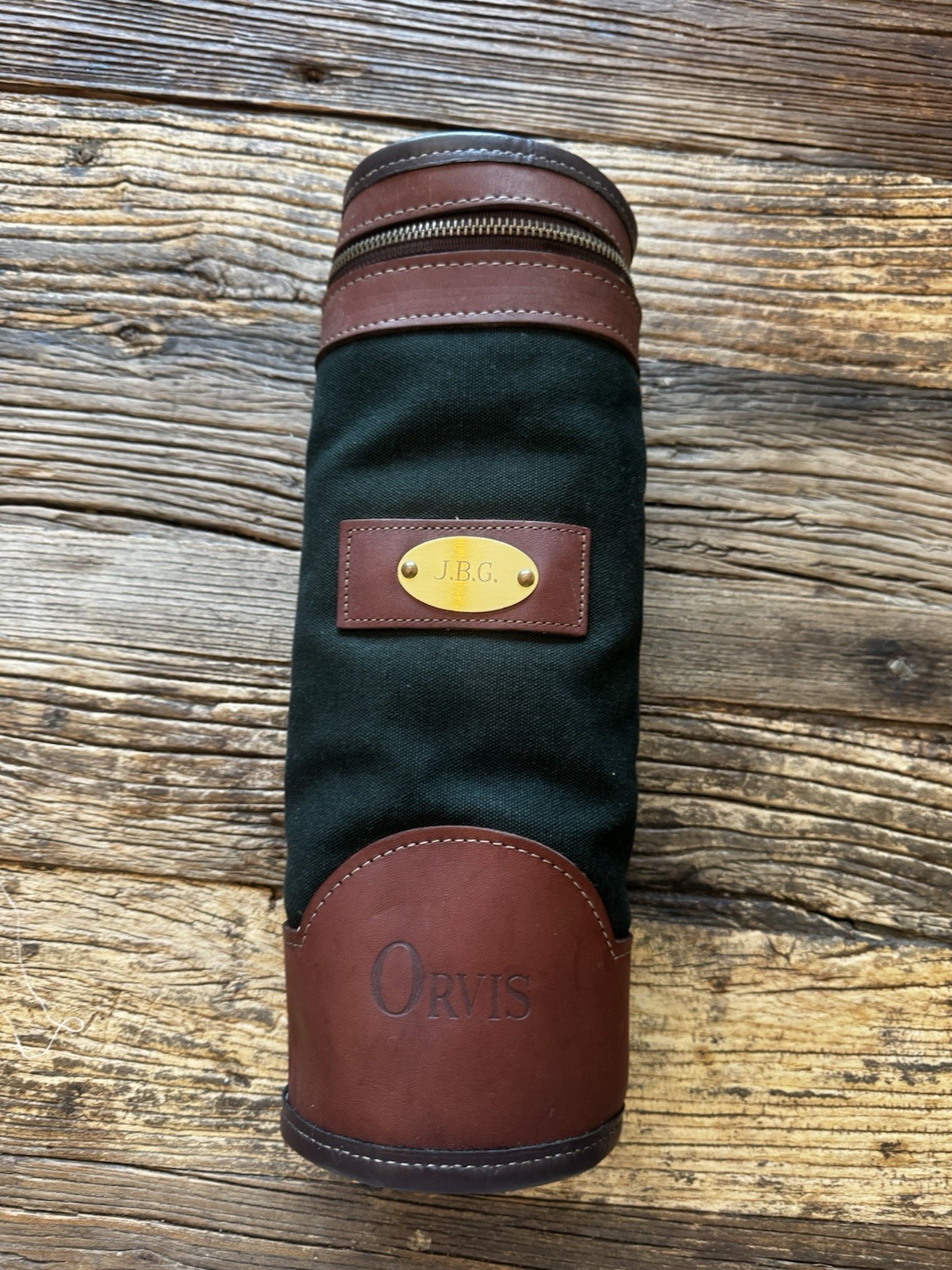 Orvis Battenkill Shearling Lined Leather Green Canvas WineBottle Travel Holder