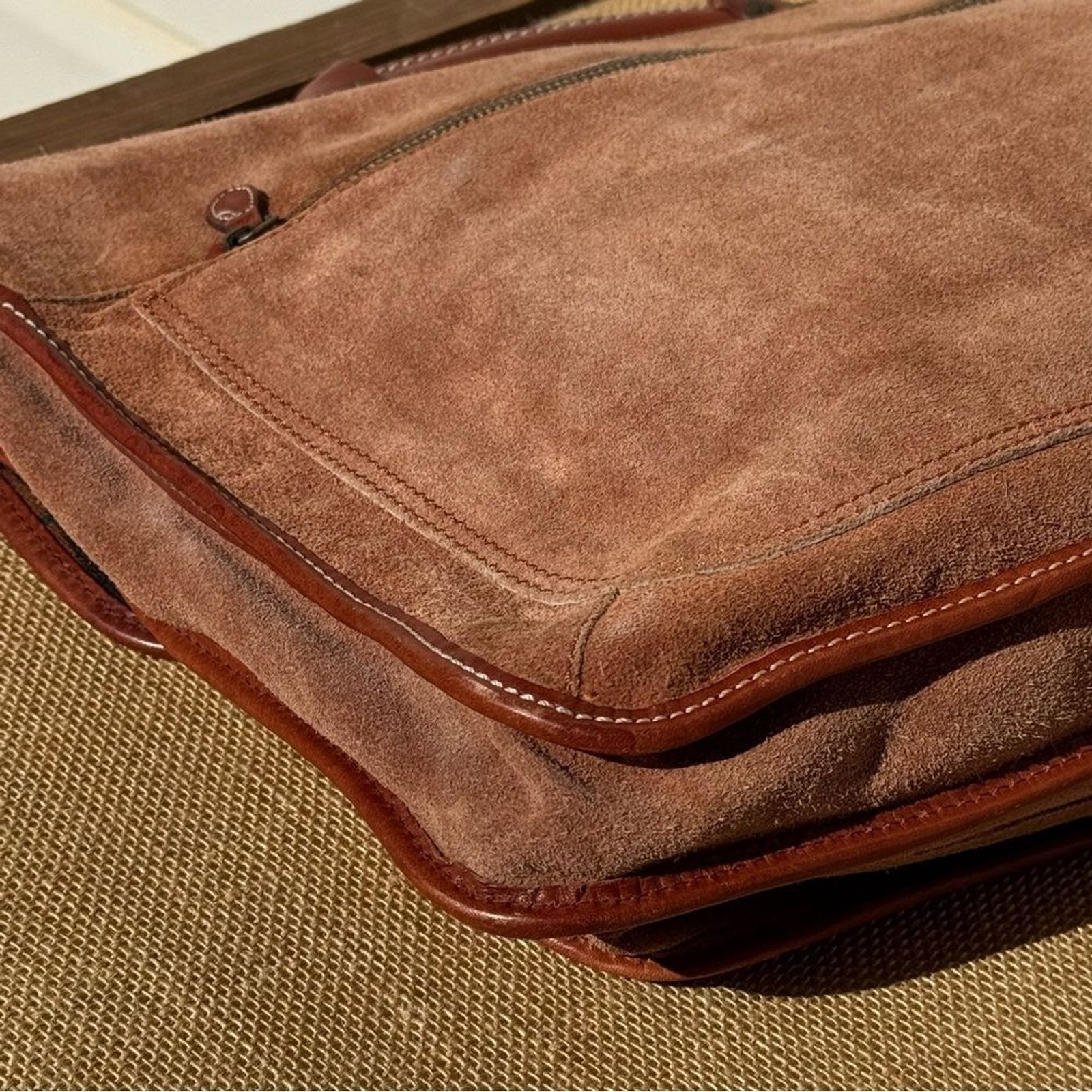 GoN Vintage Leather Suede Briefcase Messenger Bag Brown Plaid Lined 17”