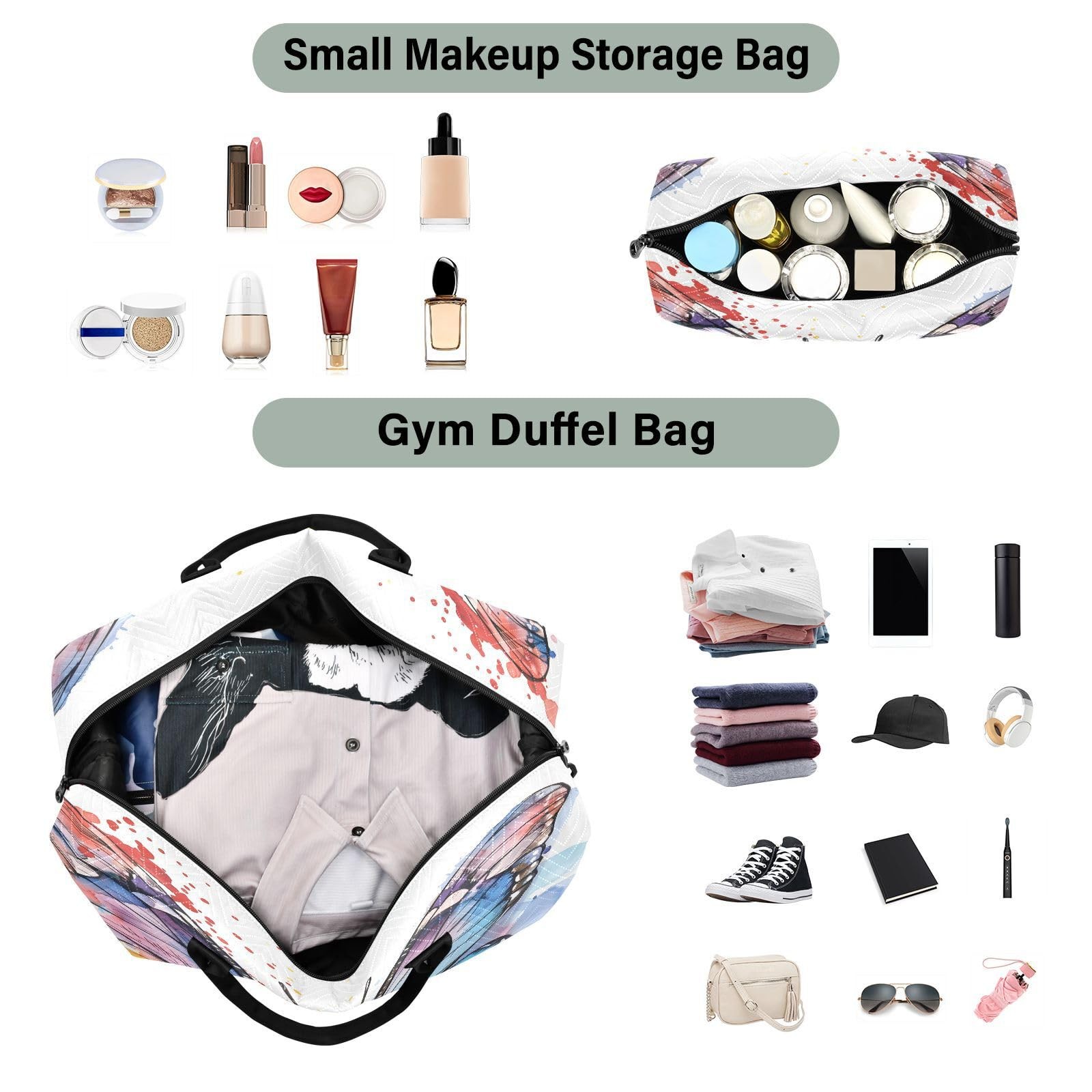 Butterfly Travel Duffle Gym Bag, Butterfly Watercolor Print Weekender for Wom…