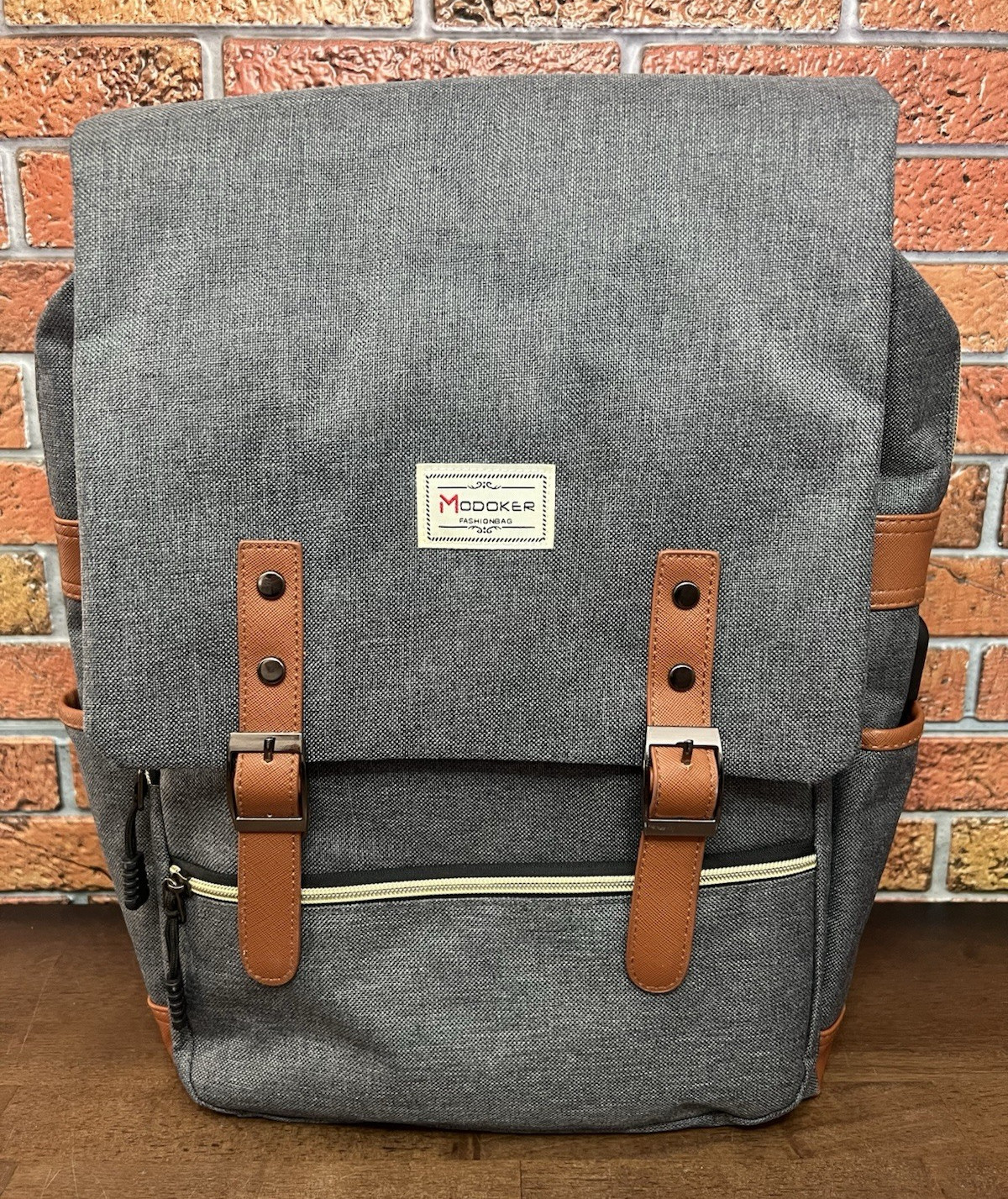 Modoker Vintage 15″ Laptop Backpack Gray Denim with External USB Port and Cable