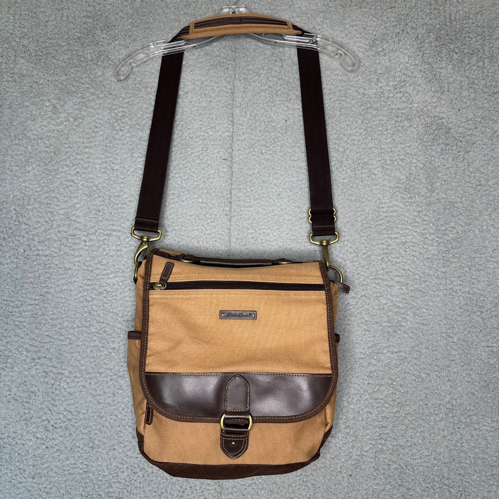 Eddie Bauer Tan Canvas Messenger Bag Brown Crossbody Satchel Brass Hardware