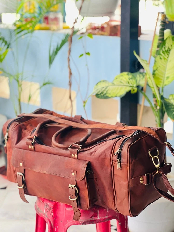 Genuine Goat Leather Travel Bag Gym Duffel Brown Duffle Men Overnight Luggage