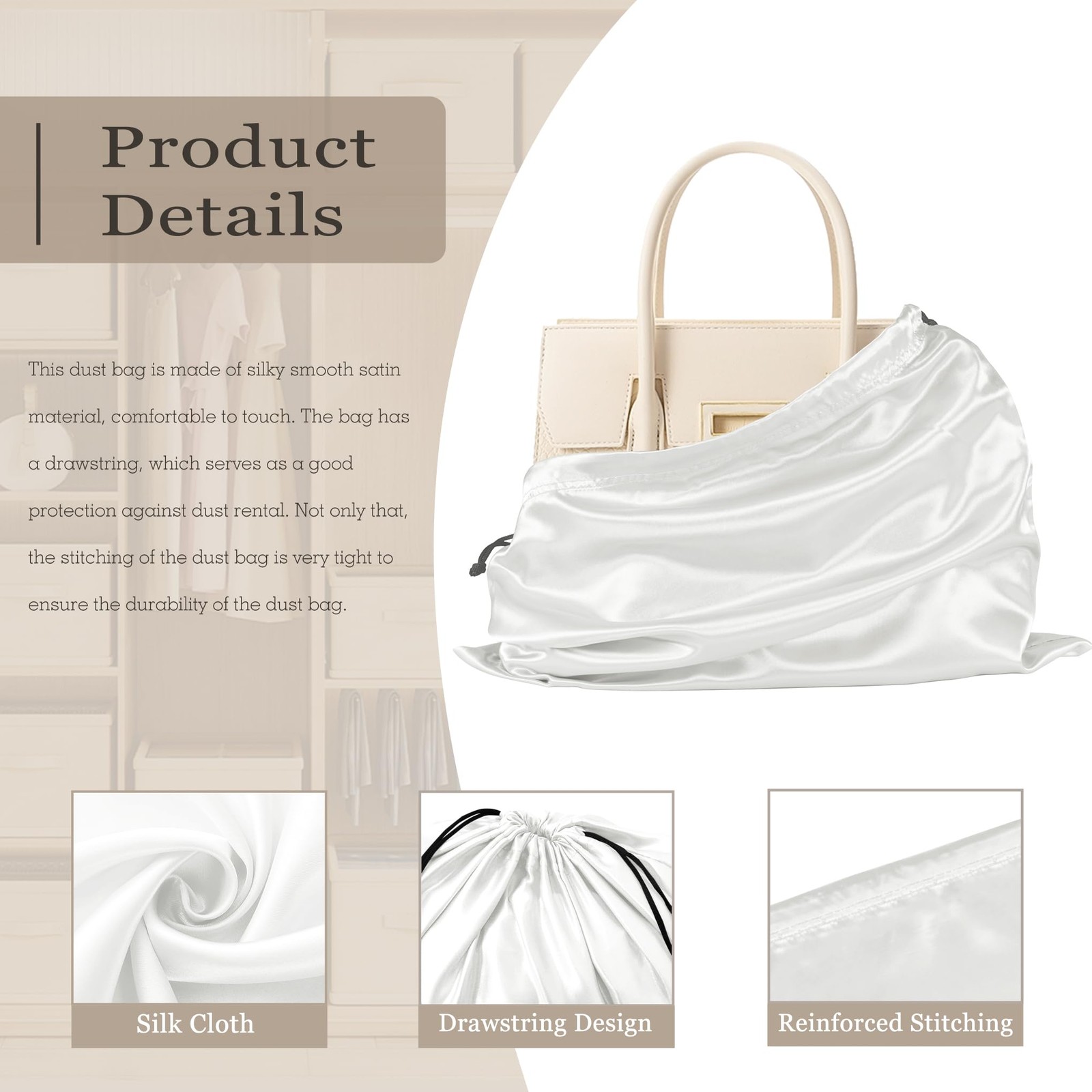 White Satin Dust Bags 3 Pack Drawstring Pouch for Purse, 19.6×15.7in