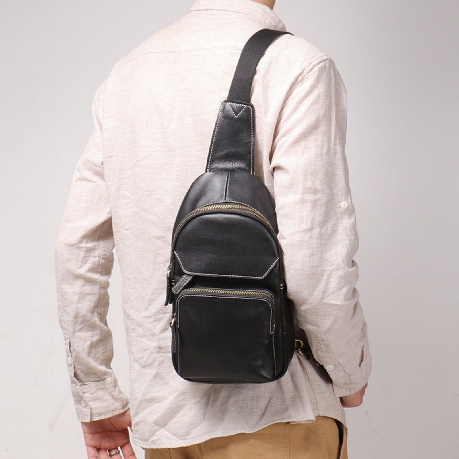 Men’s Leather Crossbody Sling Bag Chest Pack Shoulder Backpack Travel Black