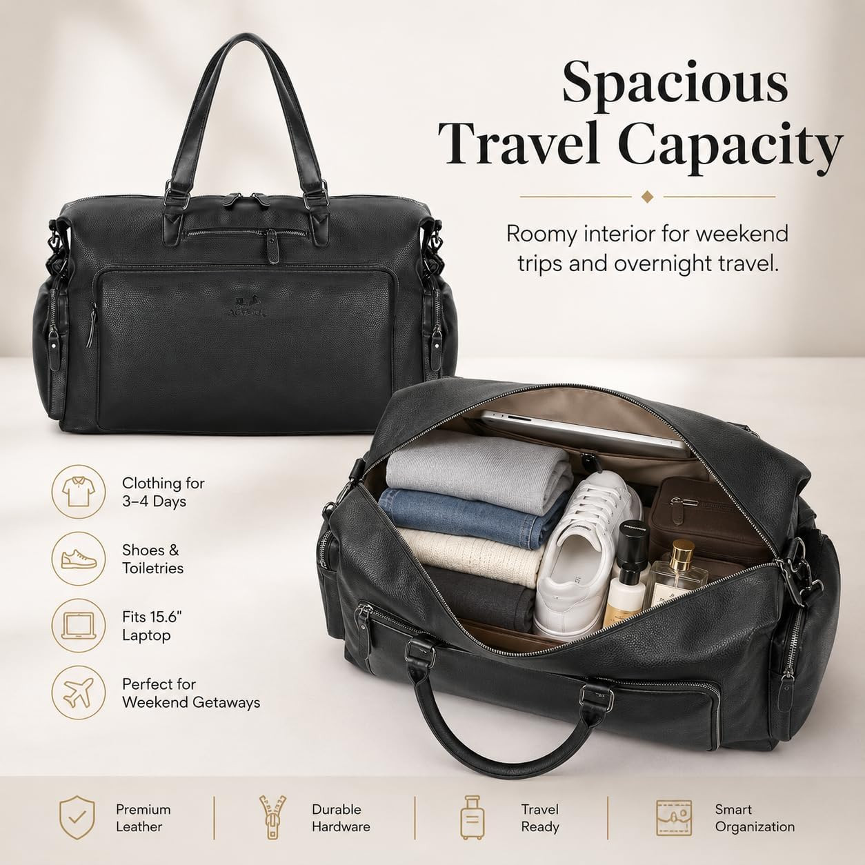 Vegan Leather Duffle Bag with Shoe Compartment & Laptop Sleeve for Travel