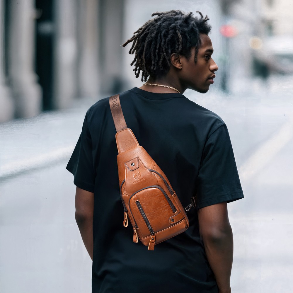Men’s Genuine Leather Crossbody Sling Bag Multi-Pocket Chest Bag for Daily Use