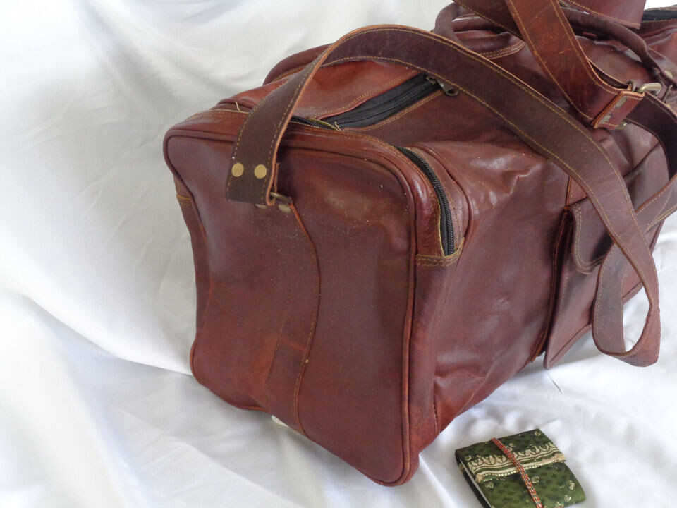 Large Handmade Indian Duffel Style Travel Leather Bag Brown Shoulder Strap