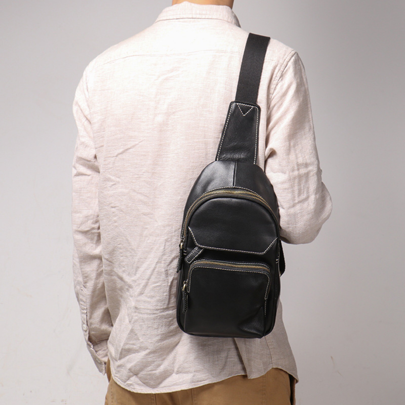 Men’s Leather Crossbody Sling Bag Chest Pack Shoulder Backpack Travel Black