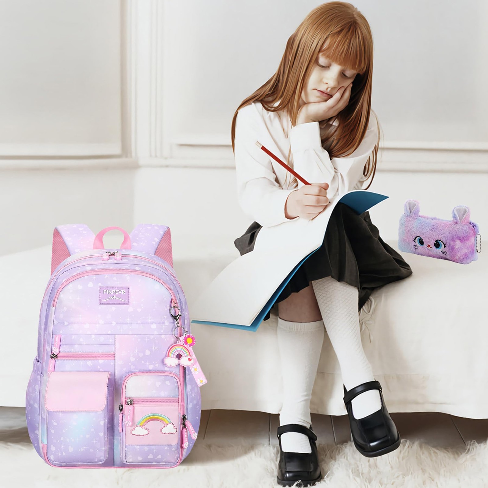 Girls Rainbow School Backpack for Elementary,Kawaii Bookbag 17.5in