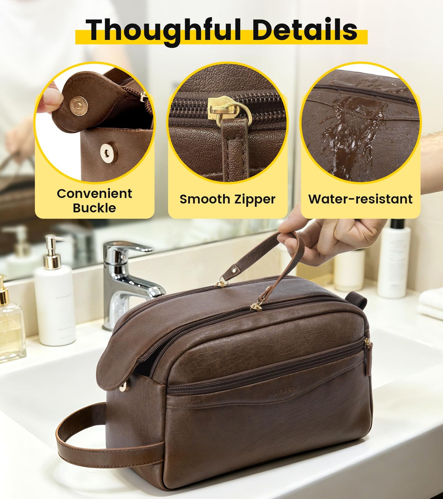 Vorspack PU Leather Toiletry Bag for Men, Water-Resistant Medium, Dark Brown
