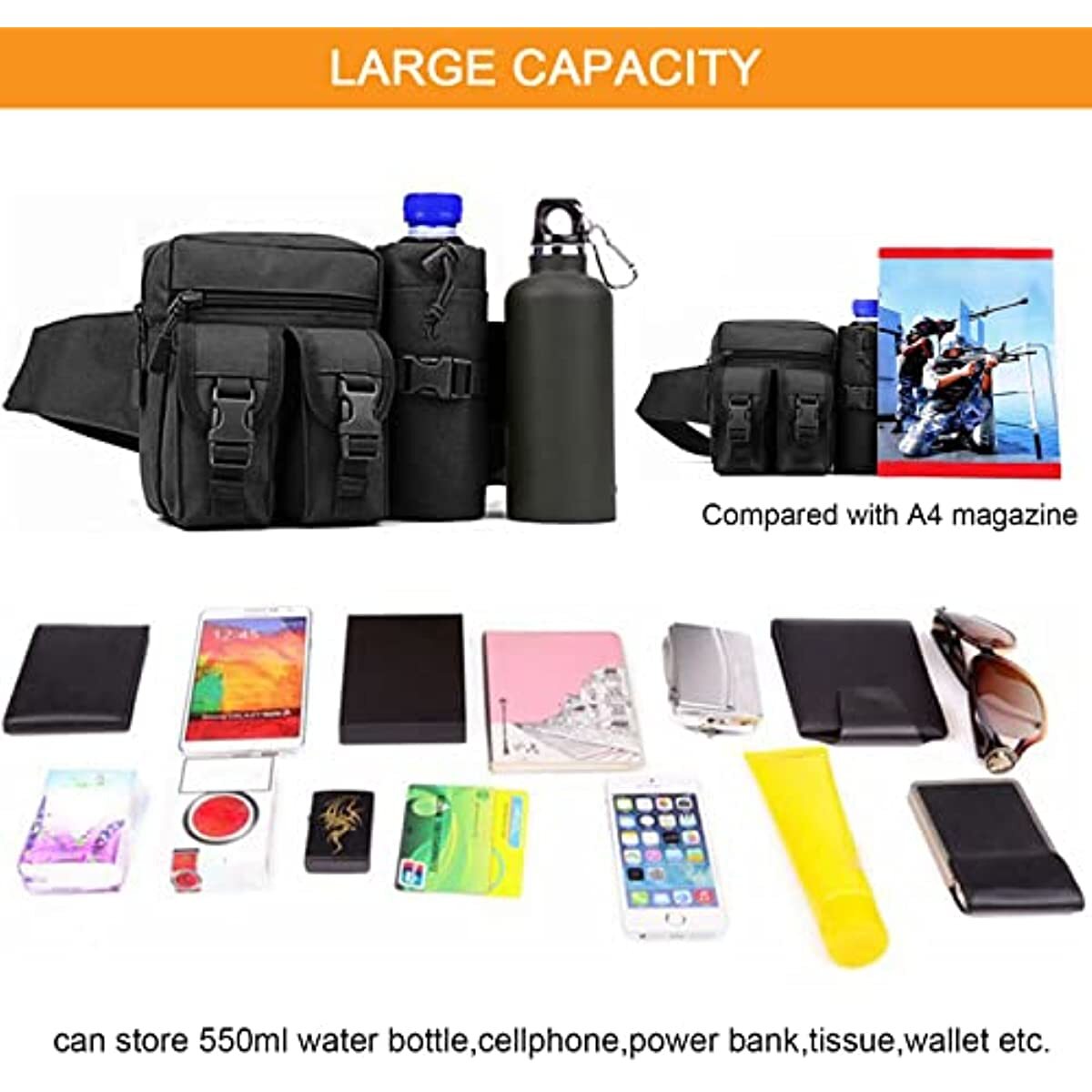 Tactical Waist Bag With Water Bottle Pouch Outdoor Waterproof Waist Shoulder Bag