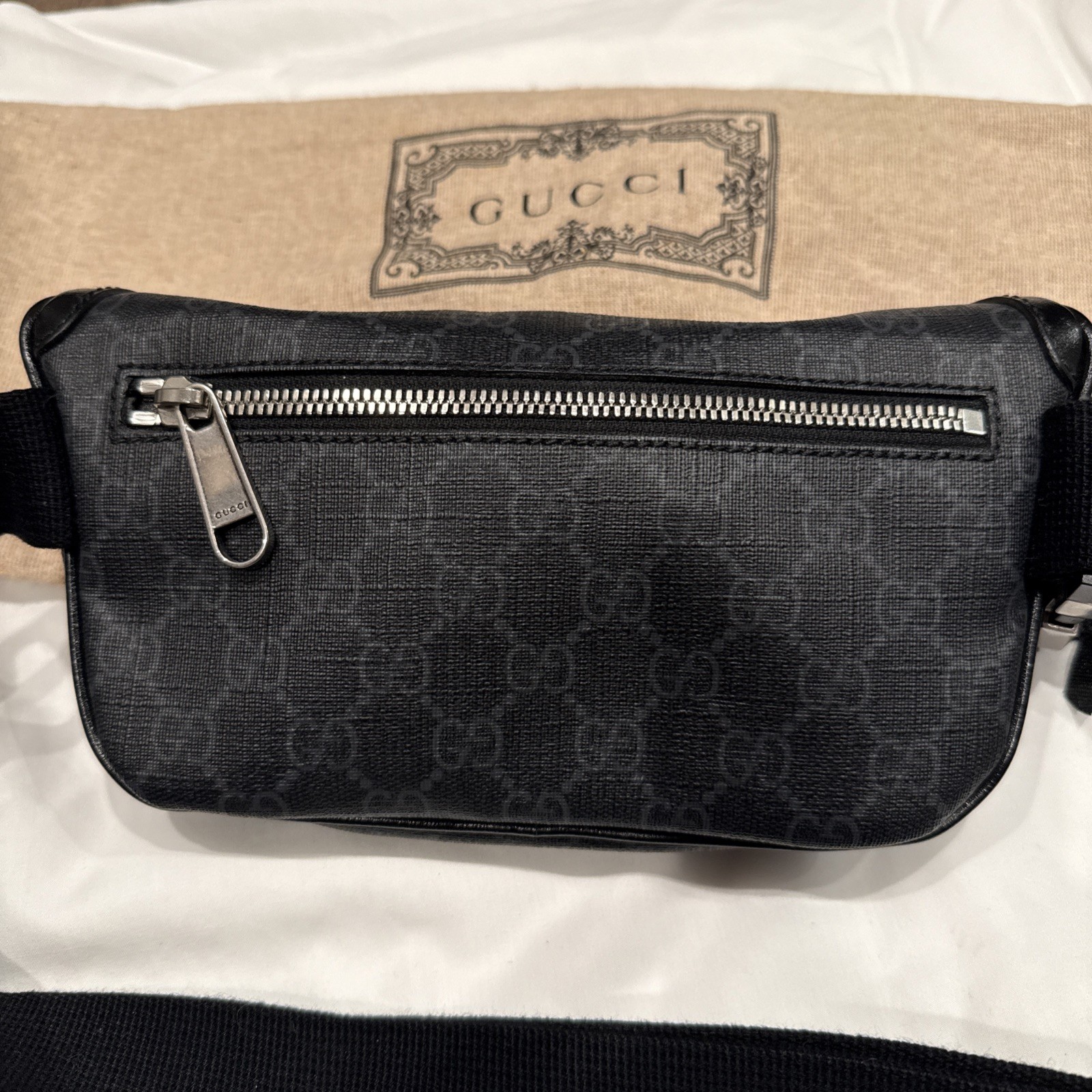 Gucci GG Monogram Logo Interlocking G Canvas Crossbody Belt Bag Black 682933