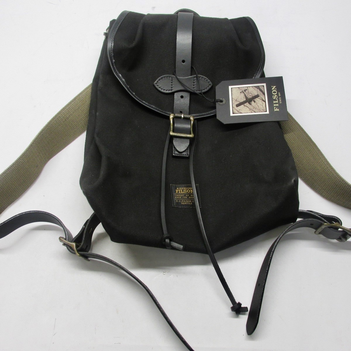 NWT FILSON Rugged Twill Drawstring Backpack Black Bridle Leather Straps EE49