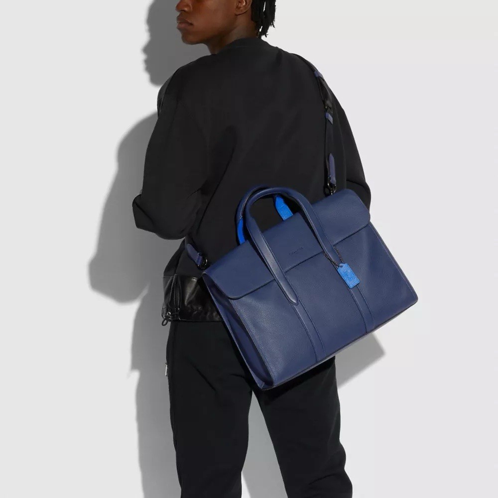 COACH Metropolitan Portfolio Navy Leather Signature Canvas Blocking Briefcase