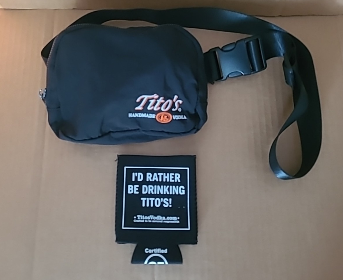 Tito’s Handmade Vodka Knit Hat, Belt Bag, Canvas Bottle Bag, Drink Sleeve, Strap