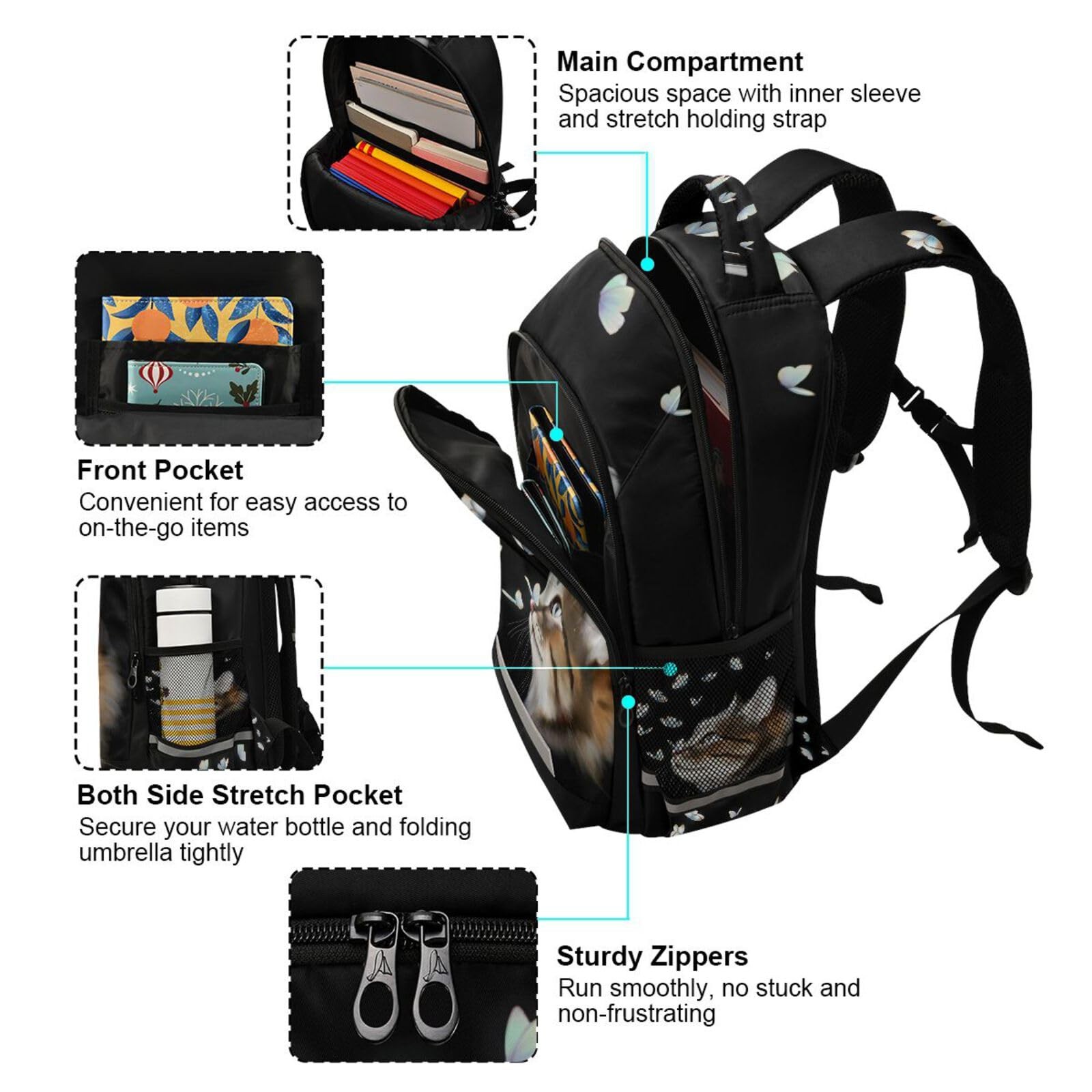 Cute Cat Kitten with Butterfly Backpacks Travel Laptop Daypack School Book Ba…