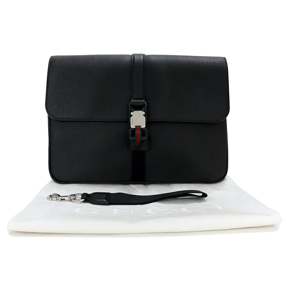 Gucci i I Web Stripe Medium Clutch Bag Soft in Leather Black 816755 r1_0629