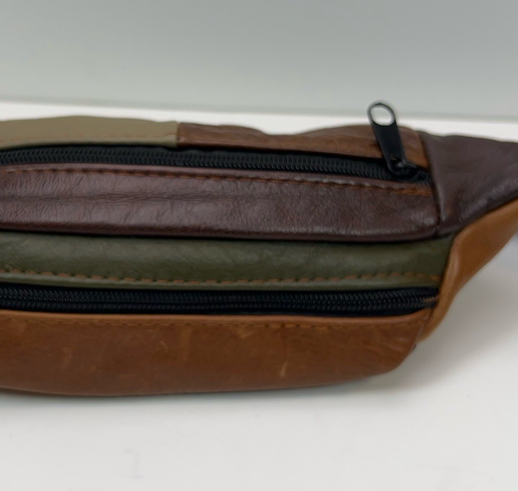 Vtg LEATHER Fanny Pack 90s Suede Patchwork Brown Waist Bag Straps Multi Pockets