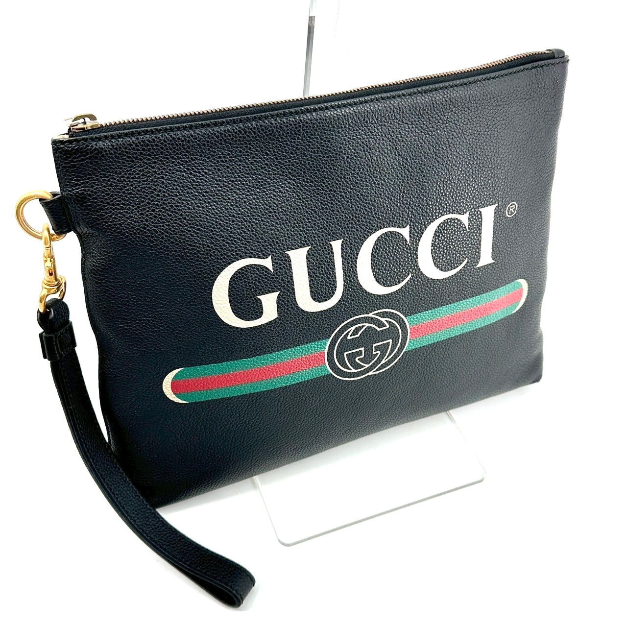 Gucci Logo Print Clutch Bag Second Bag Sherry Line Leather Black Authentic