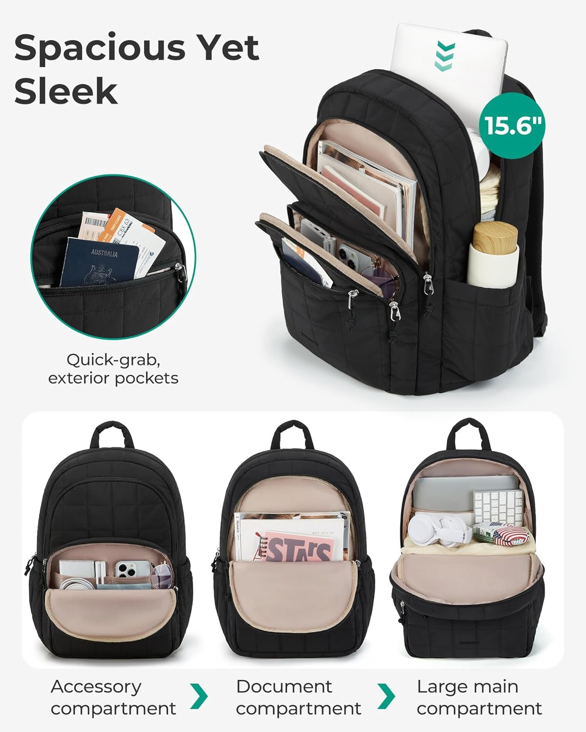 College Laptop Backpack, Travel Backpack for Women, Quilted Casual Daypack, Wate