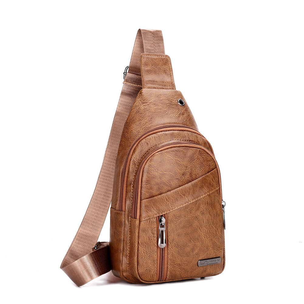 Men’s Chest Bags Sling Backpack Leather Crossbody Purse with Earphone Cable Port