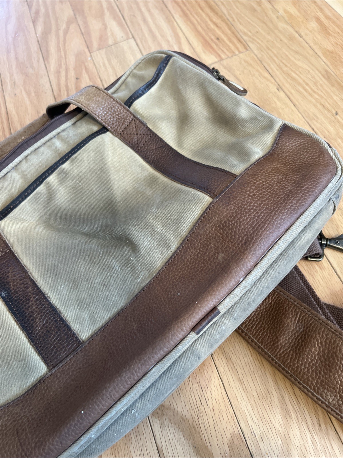 LL Bean Canvas Messenger Crossbody Bag Push Lock Leather Trim Tan Brown