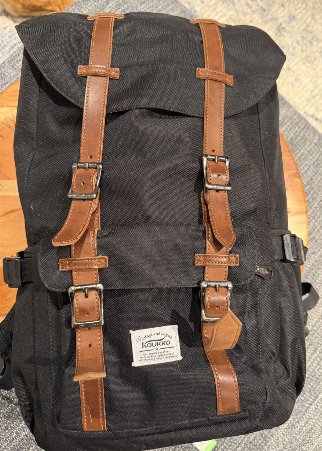 Kaukko Vintage Canvas Backpack Black Brown Strap Laptop Travel School Bag