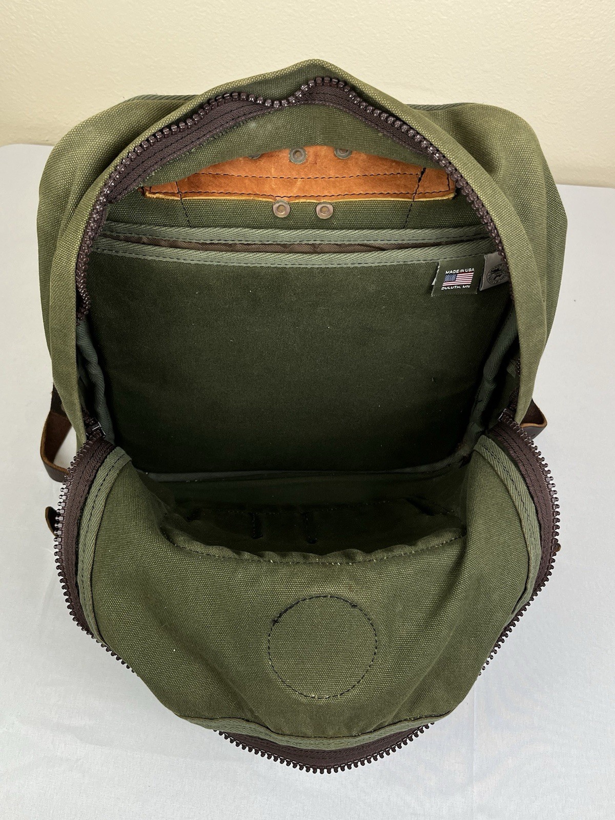 Duluth Pack Green Canvas & Brown Leather Backpack Made In USA YKK Zip Rare