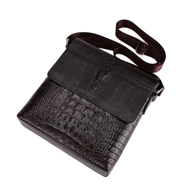 Men’s Sling Shoulder Bag Leather Black Crocodile Crossbody Bag 10″ Messenger Bag