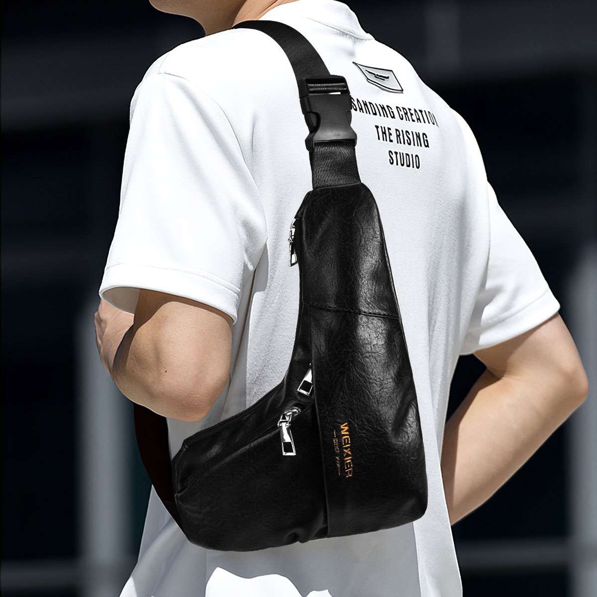 Men’s Waterproof PU Leather Chest Bag Travel Sport Shoulder Cross Body Backpack