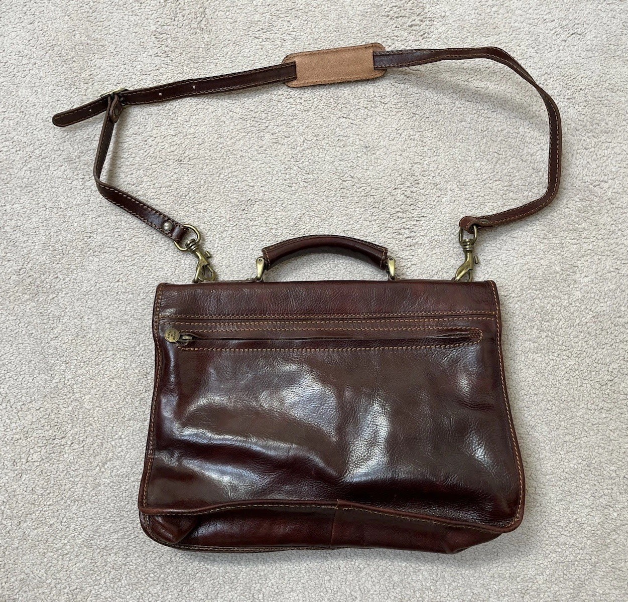 Italian Leather Messenger Computer Commuter Briefcase Bag Brown Strap Snap