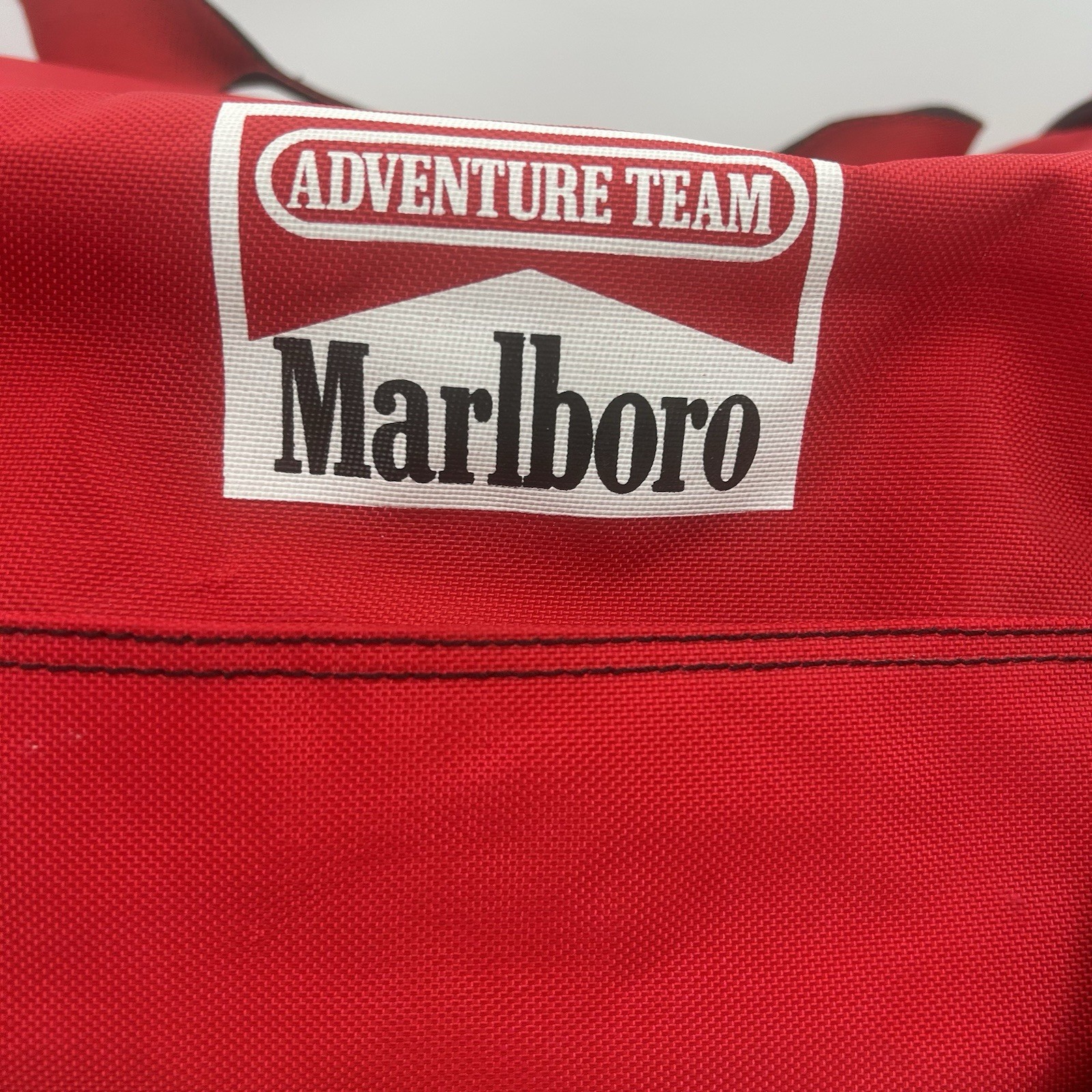 Marlboro Adventure Team Red Black Yellow Duffle Bag Pockets Adjustable Strap VTG