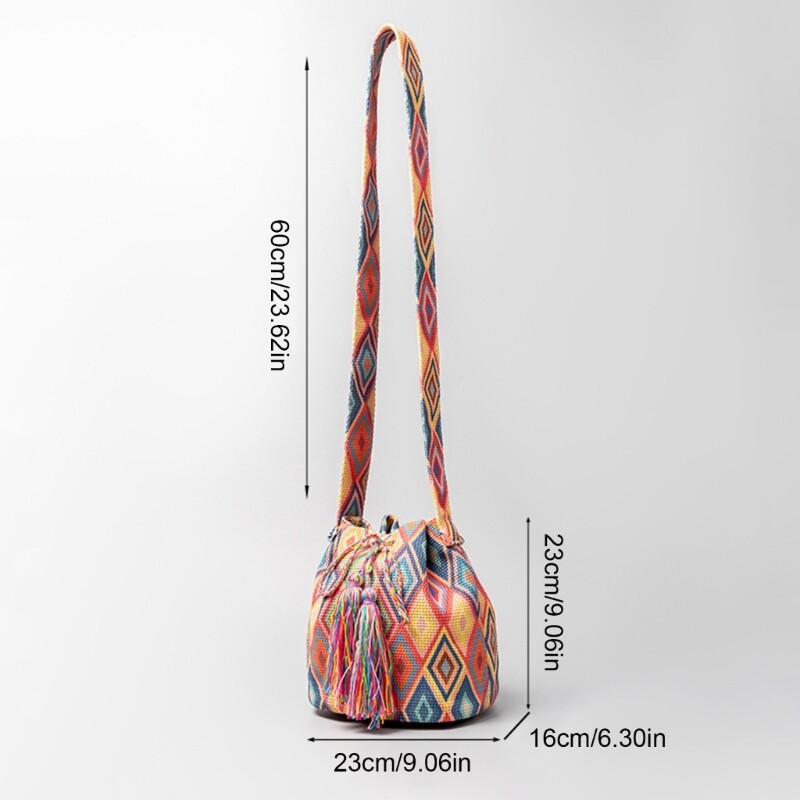 Women Drawstring Bucket Bag Retro Handbag Printed Bag Shoulder Bag Crossbody Bag