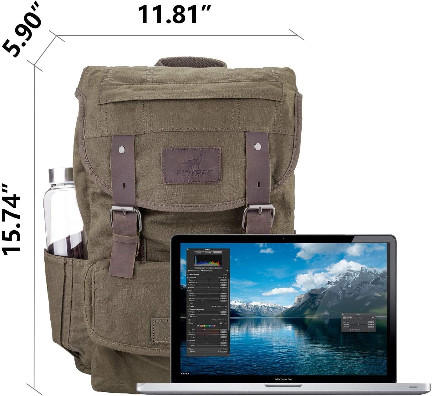 Waterproof Waxed Canvas Backpack for Men Travel Rucksack Leather Trimming (Green