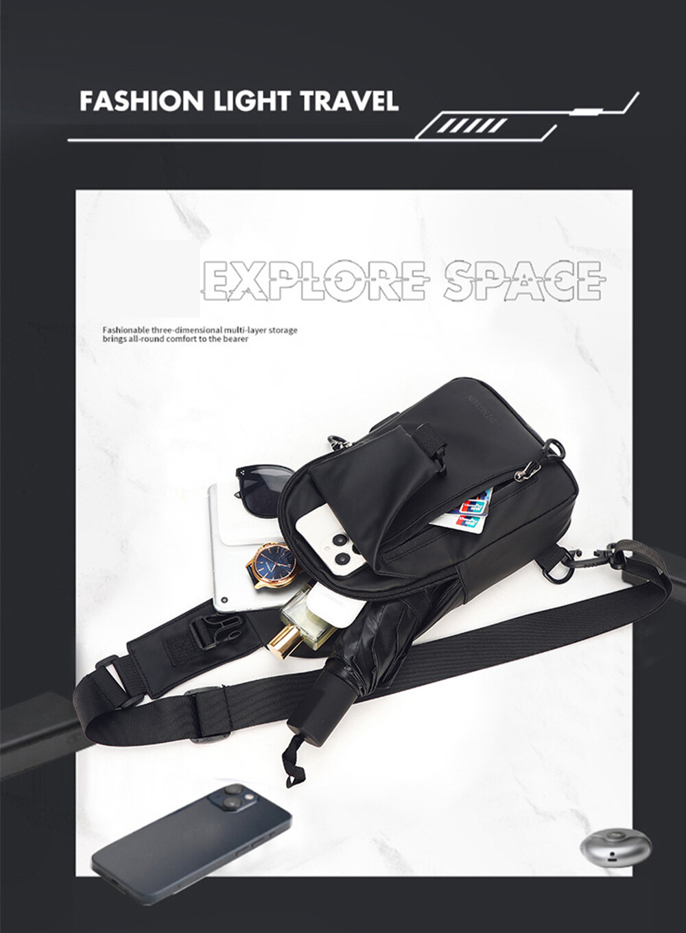 Men’s Crossbody Bag Large Capacity Zipper Front Pack Adjustable Sports Bag Gift